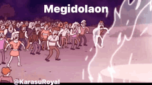 a cartoon of a group of people with megidolaon written on the top