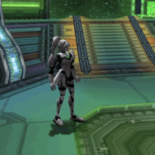 a robot in a video game has a green circle on his chest