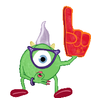 a green monster with glasses and horns is holding a red foam finger with the number 1 on it