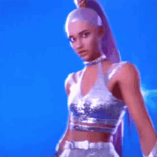 ariana grande is wearing a silver crop top and a ponytail .