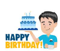 a man in a blue shirt is holding a birthday cake with the words happy birthday below it