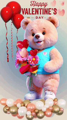 a happy valentine 's day card with a teddy bear holding flowers