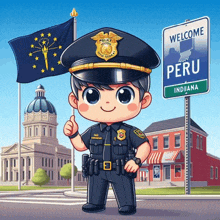 a cartoon of a police officer in front of a welcome sign for peru