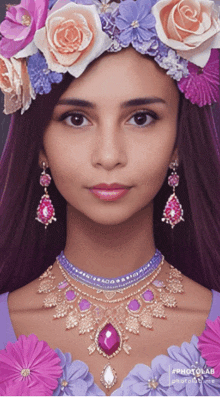 a woman with purple hair wearing a necklace and earrings with a photolab watermark