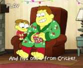 a cartoon of a man sitting in a chair with the words " and this one 's from cricket " on the bottom