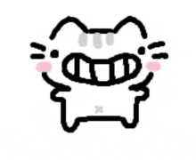 a black and white drawing of a cat with a big smile on its face and pink cheeks .
