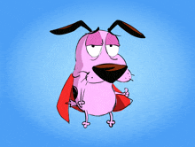 courage the cowardly dog is wearing a red cape on a blue background