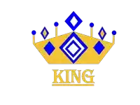 a yellow and blue crown with the word king on the bottom