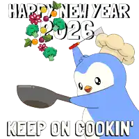 a penguin is holding a spatula in front of a sign that says ' happy new year keep on cookin '