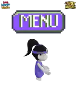 a cartoon girl stands in front of a menu sign