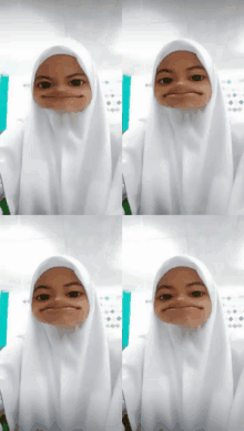 a girl wearing a white hijab is making a face