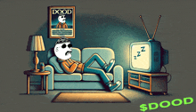 a cartoon of a man laying on a couch watching a tv with a poster on the wall above him that says dood