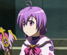 a girl with purple hair is wearing a white cape and a pink bow