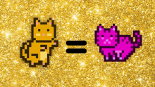 a pixel art of a yellow cat and a purple cat on a gold background