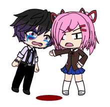 a cartoon of a boy and a girl standing next to each other with a bloody spot in the middle