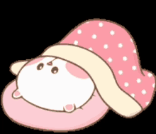 a cartoon hamster is laying under a pink blanket with white polka dots .