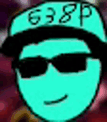 a cartoon character wearing sunglasses and a hat with the number 638p on it .