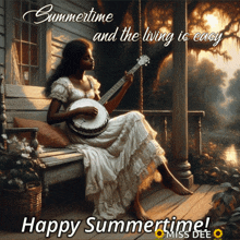 a painting of a woman sitting on a porch playing a banjo with the words summertime and the living is easy