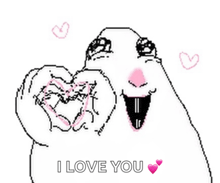 a pixel art drawing of a bird making a heart shape with its hands and the words `` i love you '' .