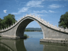 a bridge over a body of water with a blue sky in the background