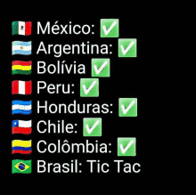 mexico argentina bolivia peru honduras chile colombia brasil and tic tac are listed