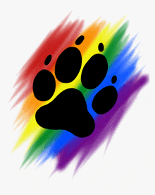 a black paw print with a rainbow background behind it