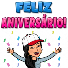 a cartoon of a woman with her arms outstretched and the words feliz aniversario behind her