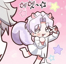 a cartoon of a girl in a white dress with purple hair