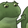 a pixel art of a frog waving at another frog on a white background .