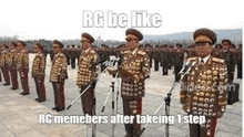 a group of men in military uniforms are standing in front of microphones in a line .