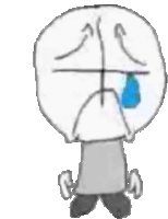 a cartoon character with a sad face and a blue tear coming out of his eye .