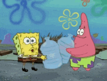 spongebob and patrick from spongebob squarepants are drinking water from a water bottle .