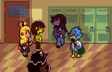 a group of pixel art characters are standing in a hallway with lockers