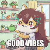 a cartoon illustration of a girl with the words good vibes written below her