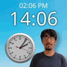 a man with glasses stands in front of a clock that says 2:06 pm