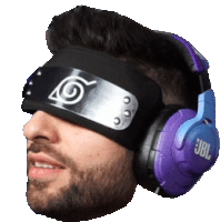 a man wearing a headband with a naruto symbol on it and jbl headphones