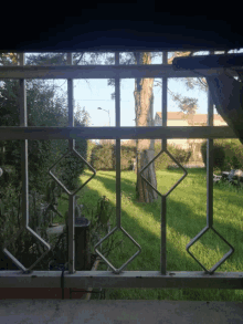 a view of a lush green field through a fence