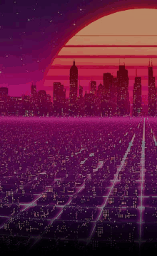 a city with a sunset in the background and a grid in the foreground