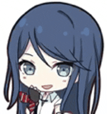 a chibi girl with long blue hair is holding a microphone and wearing a tie .