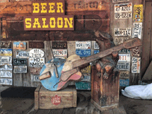 a sign for the beer saloon hangs on a wall