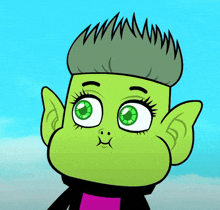 a cartoon character with green eyes and a black scarf