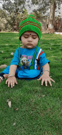 a baby is sitting on the grass wearing a green and red hat .