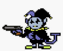 a pixel art of a jester with a gun .