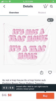 a tapestry that says ' it 's not a trap house it 's a trap home ' on it