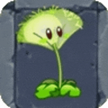 a cartoon plant with a face on it is sitting on top of a stone .