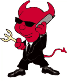 a devil in a suit is talking on a cell phone while holding a wrench