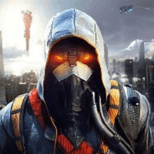 a man wearing a gas mask and a hood with glowing eyes is standing in front of a city .