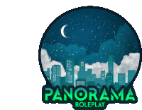 a logo for panorama roleplay with a city skyline