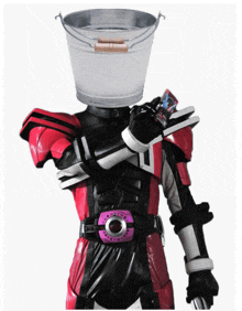 a person with a bucket on their head and a belt that says ' kamen rider ' on it