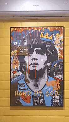 a painting of a man with the words hand of god on the bottom